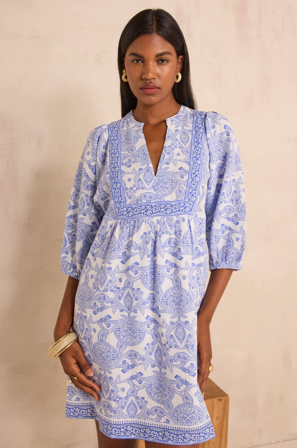 Printed straight dress in blended cotton PLUM;${refinementColor}