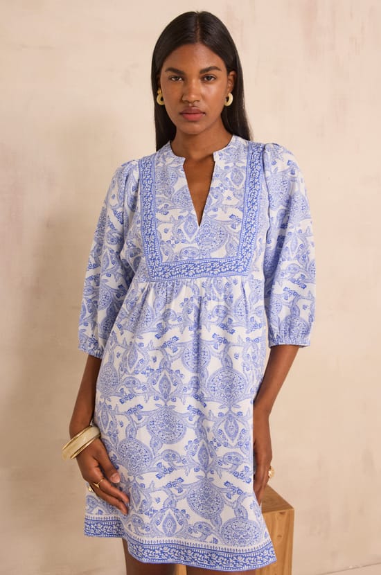 Printed straight dress in blended cotton PLUM;${refinementColor}