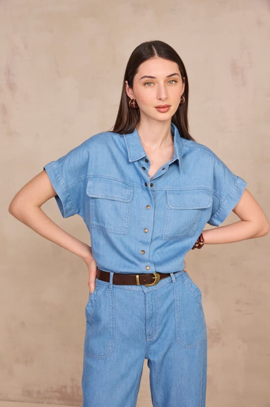DULCINEA short-sleeve denim shirt;${refinementColor}