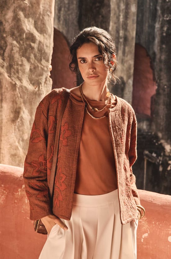 Embroidered 3/4 sleeve cotton jacket VITALIE;${refinementColor}