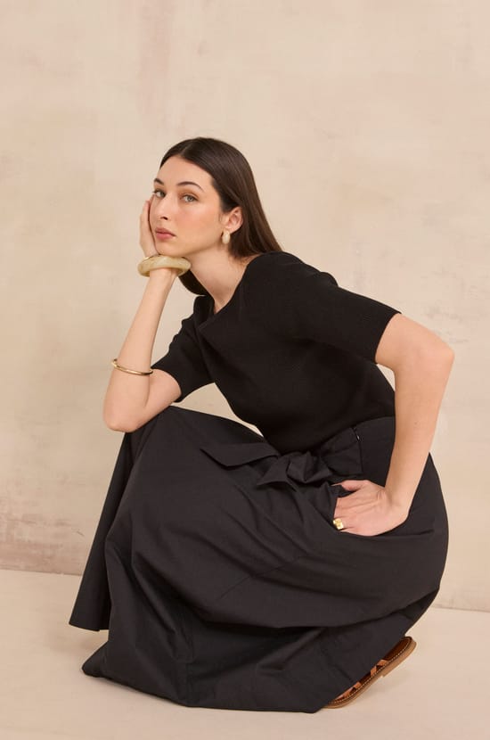 ORELIE cotton tie-waist trapeze skirt;${refinementColor}