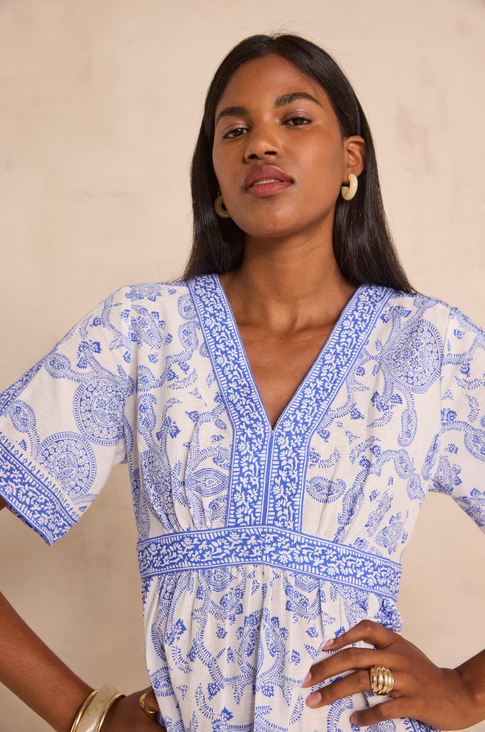 Short-sleeved printed dress in mixed cotton PRUNELLE;${refinementColor}
