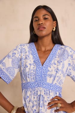 Short-sleeved printed dress in mixed cotton PRUNELLE;${refinementColor}