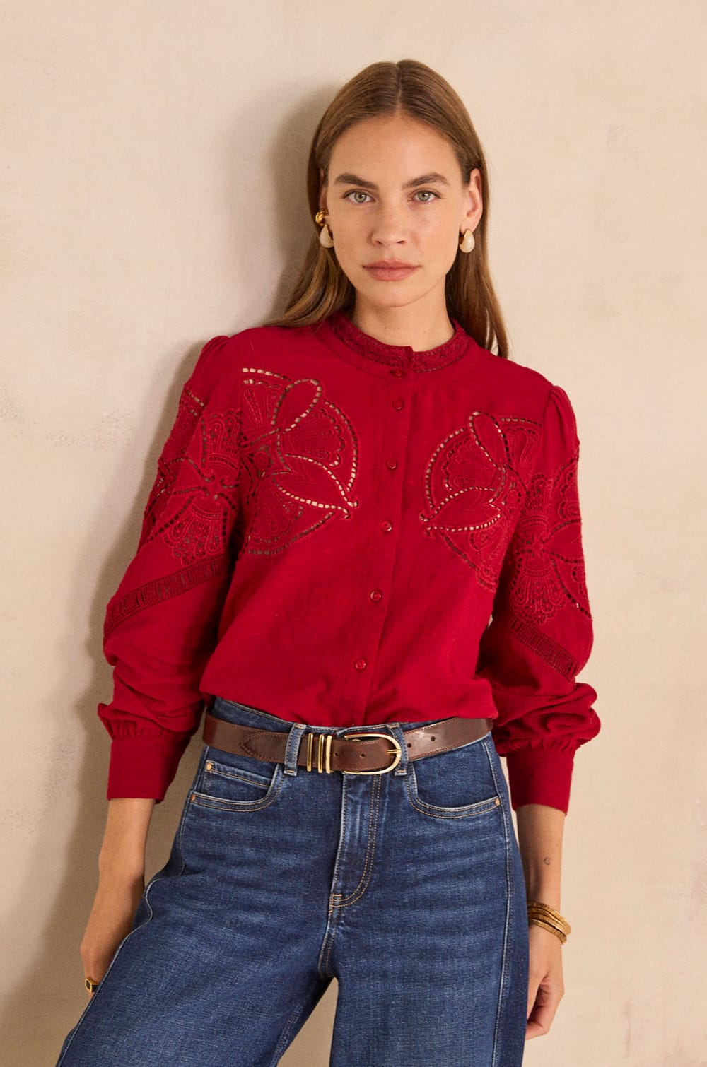 Blouse brod&eacute;e &agrave; manches longues en coton MARTHA;${refinementColor}