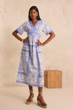 Short-sleeved printed dress in mixed cotton PRUNELLE;${refinementColor}
