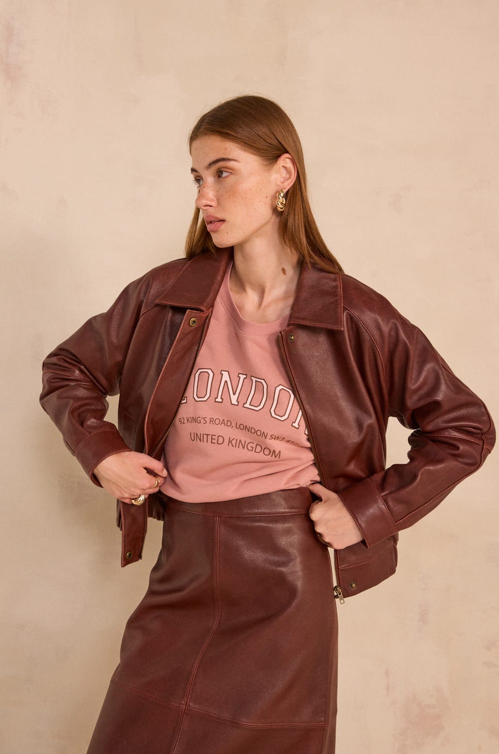 Barnabe long sleeve leather jacket;${refinementColor}