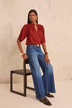Embroidered 3/4 Sleeve Cotton Blouse MASHA;${refinementColor}