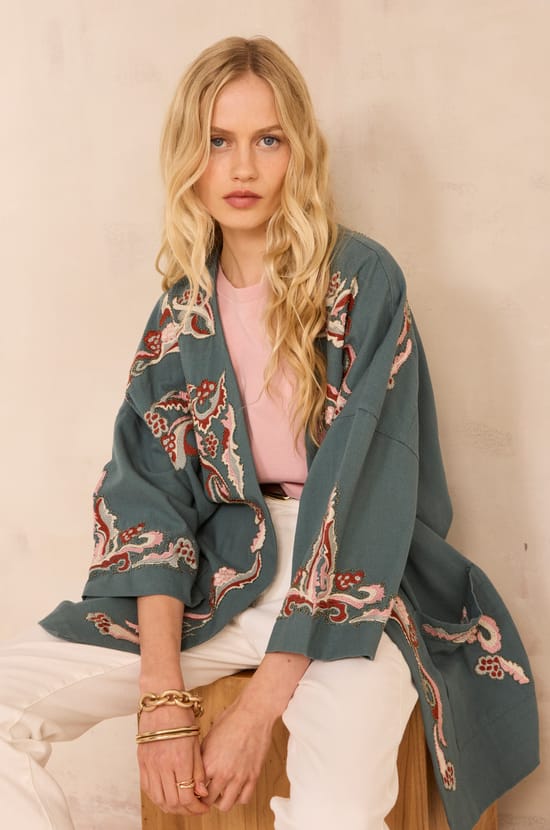 Embroidered 3/4 sleeve cotton jacket NOURIA;${refinementColor}