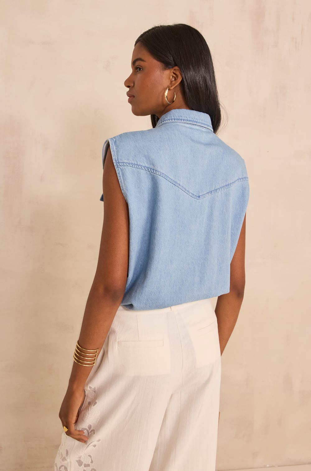 Sleeveless denim cotton blouse MACAO;${refinementColor}