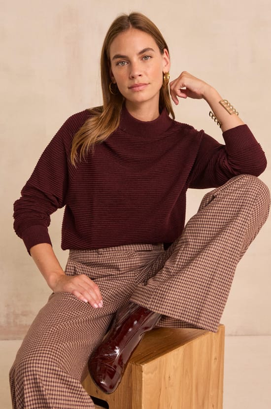 Burgundy long-sleeved blended wool sweater ANNETTE;${refinementColor}