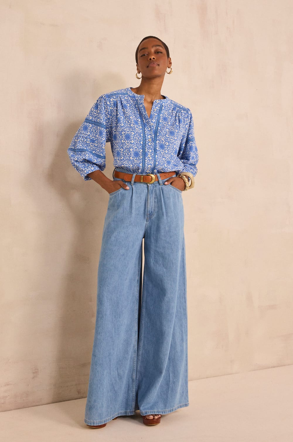 DOMY lace-print cotton blend blouse;${refinementColor}