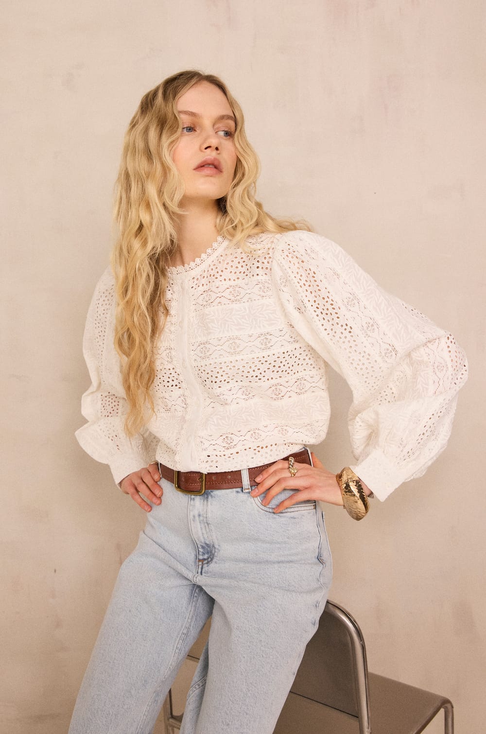 Embroidered long-sleeve cotton blouse DORIS;${refinementColor}