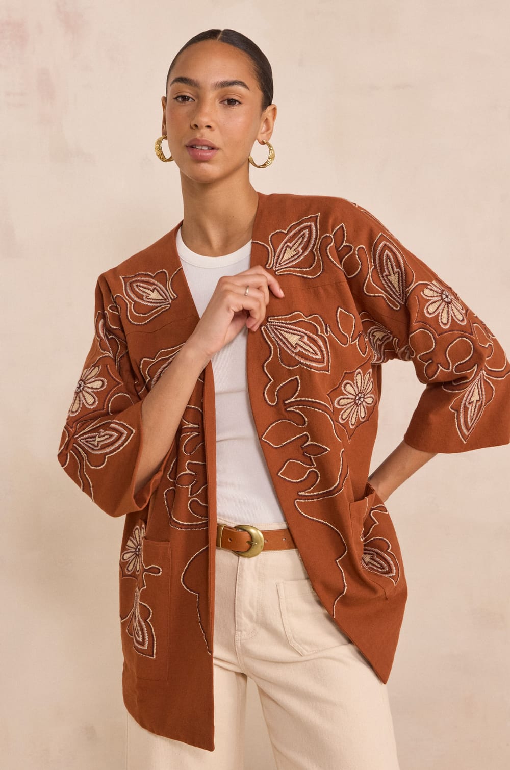 Embroidered 3/4 Sleeve Cotton Jacket VIRGINIA;${refinementColor}