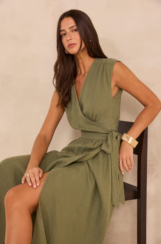 Straight wrap dress in linen BALEARE;${refinementColor}