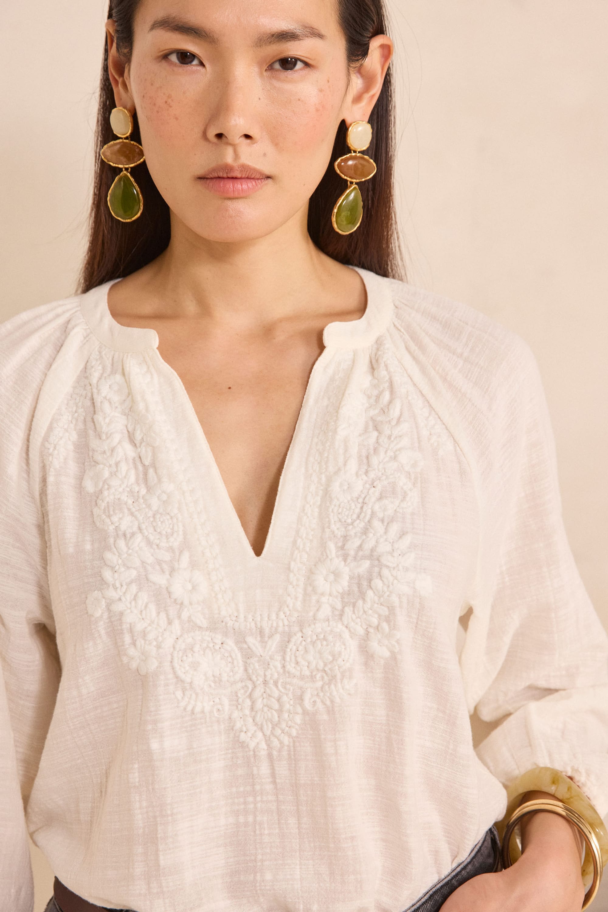 3/4 sleeve embroidered cotton blouse DELICATE woman | CREAM