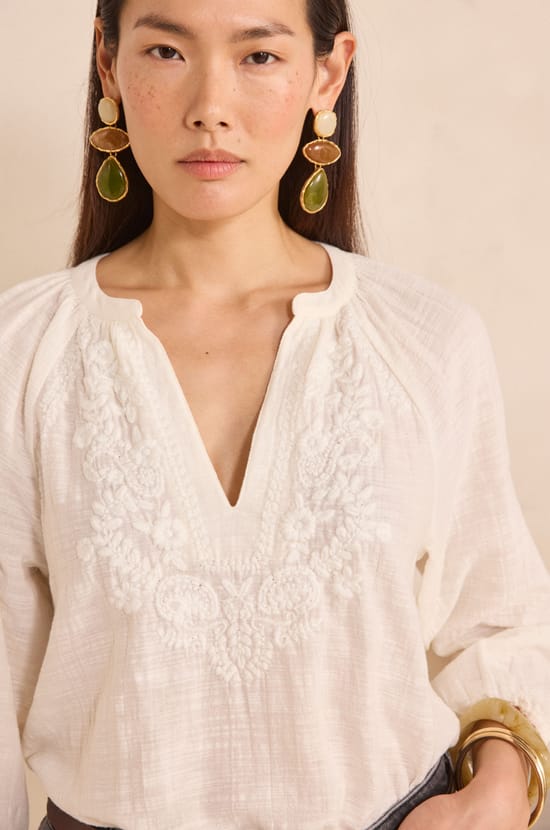 3/4 sleeve embroidered cotton blouse DELICATE;${refinementColor}