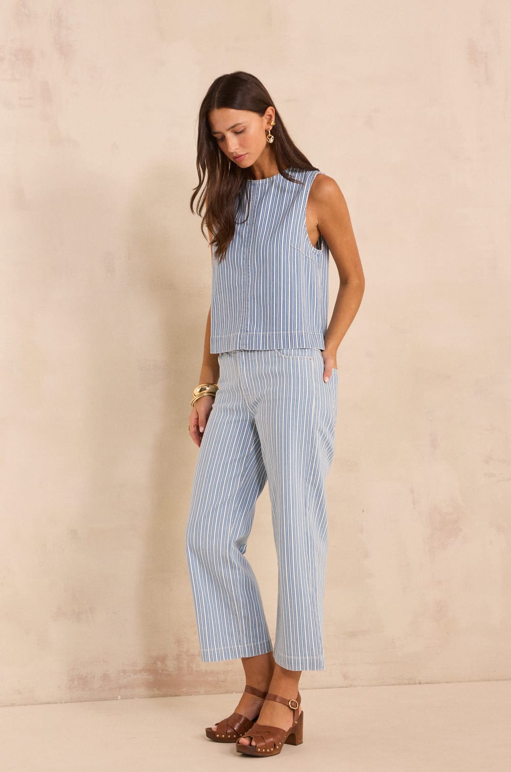 Striped straight cropped cotton blend pants ROSIE;${refinementColor}