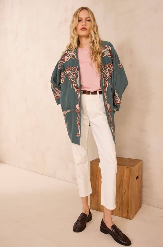 Embroidered 3/4 sleeve cotton jacket NOURIA;${refinementColor}