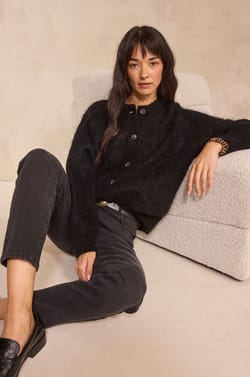 Pantalon slim noir en coton m&eacute;lang&eacute; LOU;${refinementColor}