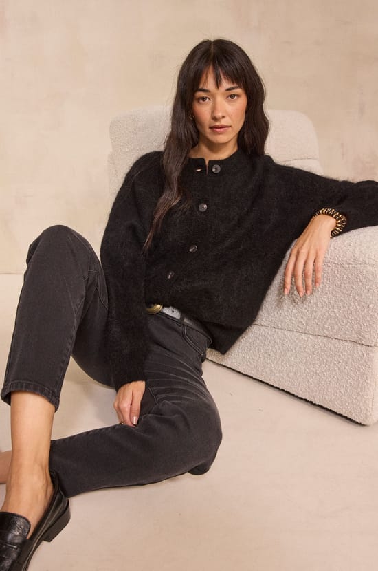 Pantalon slim noir en coton m&eacute;lang&eacute; LOU;${refinementColor}