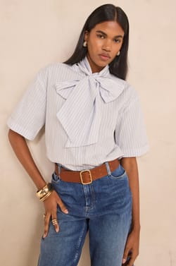 Short-sleeved cotton blouse with bow tie collar DARINE;${refinementColor}