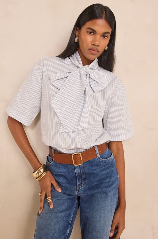 Short-sleeved cotton blouse with bow tie collar DARINE;${refinementColor}