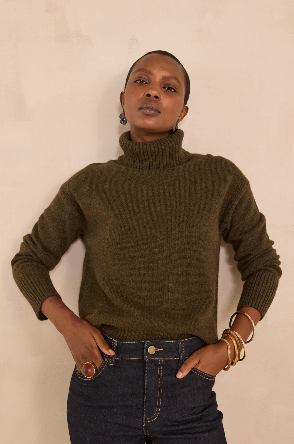 Pull kaki &agrave; manches longues en laine m&eacute;lang&eacute;e ARNOLD;${refinementColor}