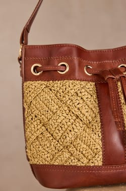 LUCIEN leather and raffia bucket bag;${refinementColor}