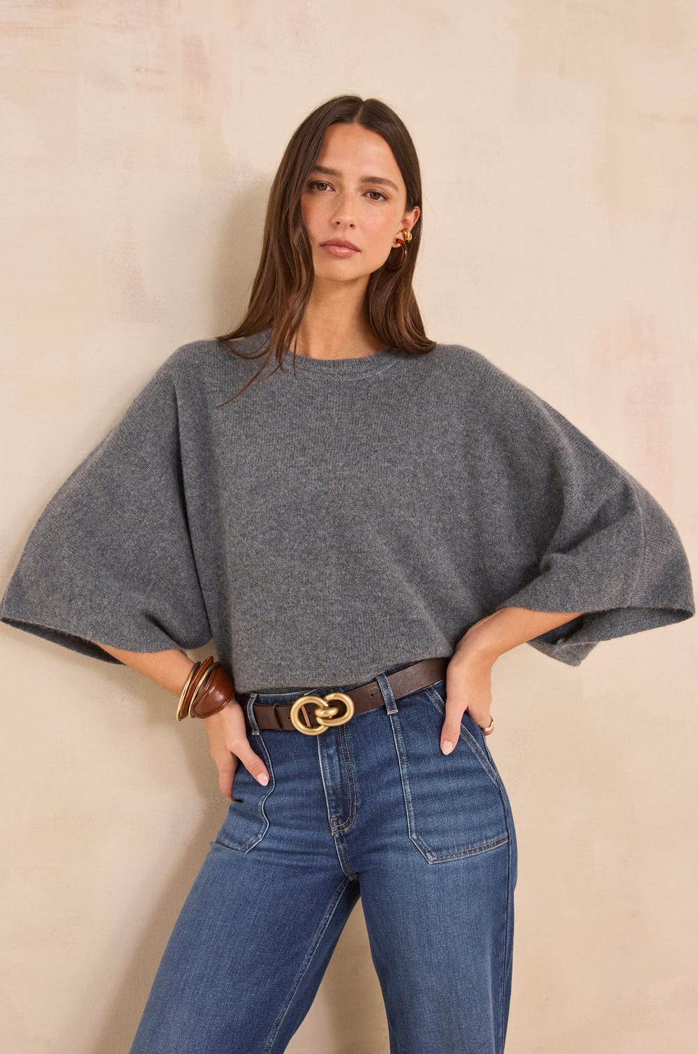 3/4 sleeve cashmere sweater CODY;${refinementColor}
