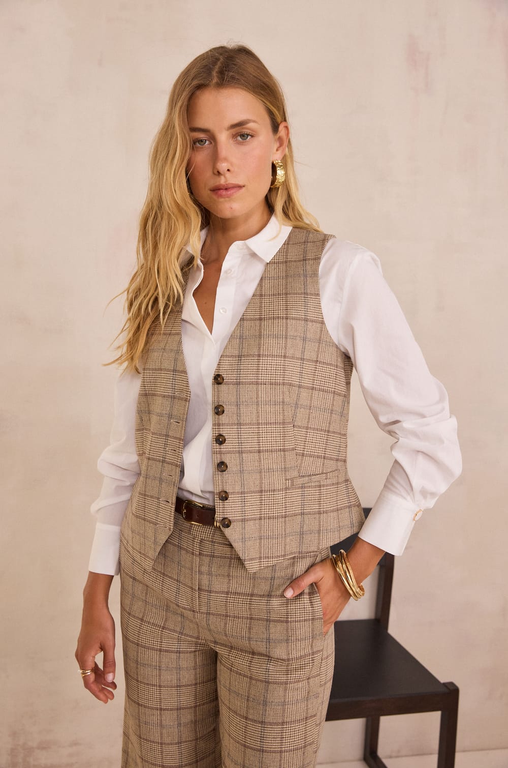 Sleeveless Prince of Wales check Cardigan SIMEON;${refinementColor}