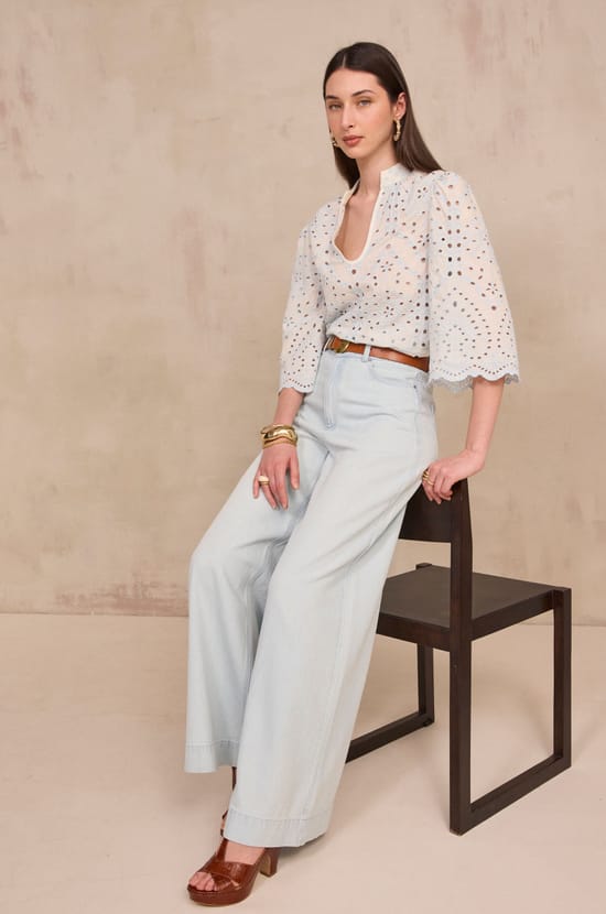 Embroidered wide sleeve cotton blouse DESILIA;${refinementColor}