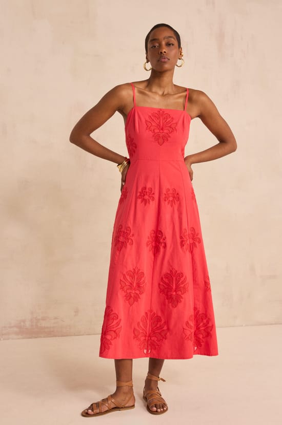 Embroidered cotton trapeze dress BRIELLE;${refinementColor}