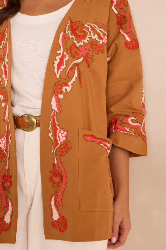 Embroidered 3/4 sleeve cotton jacket NOURIA;${refinementColor}