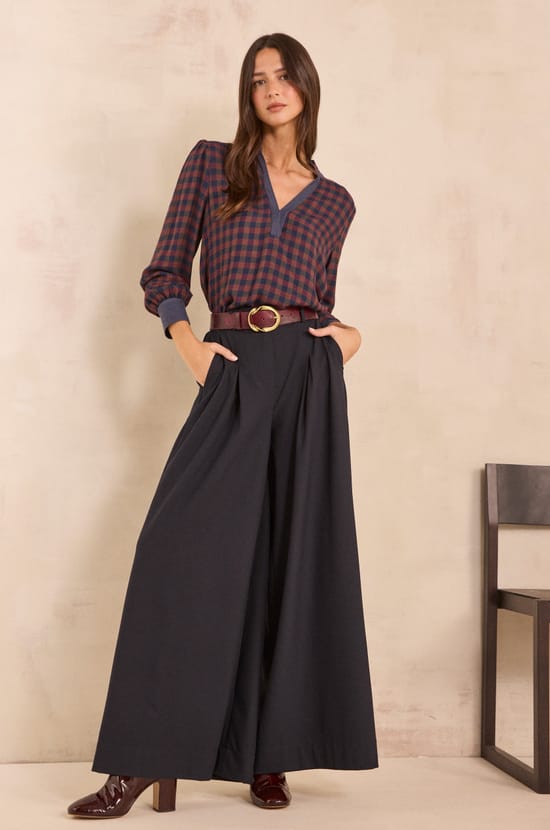 Pantalon palazzo taille haute marine LUCE;${refinementColor}
