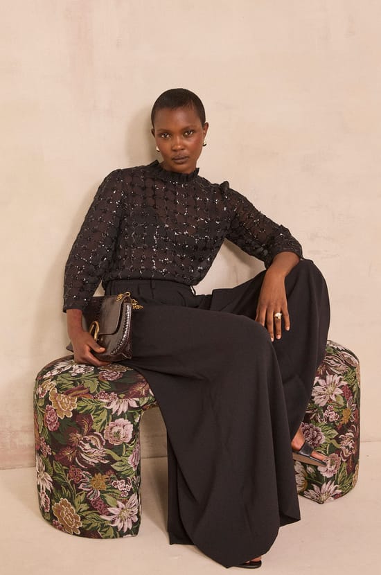 Sequin Embroidered Blouse MOKA;${refinementColor}