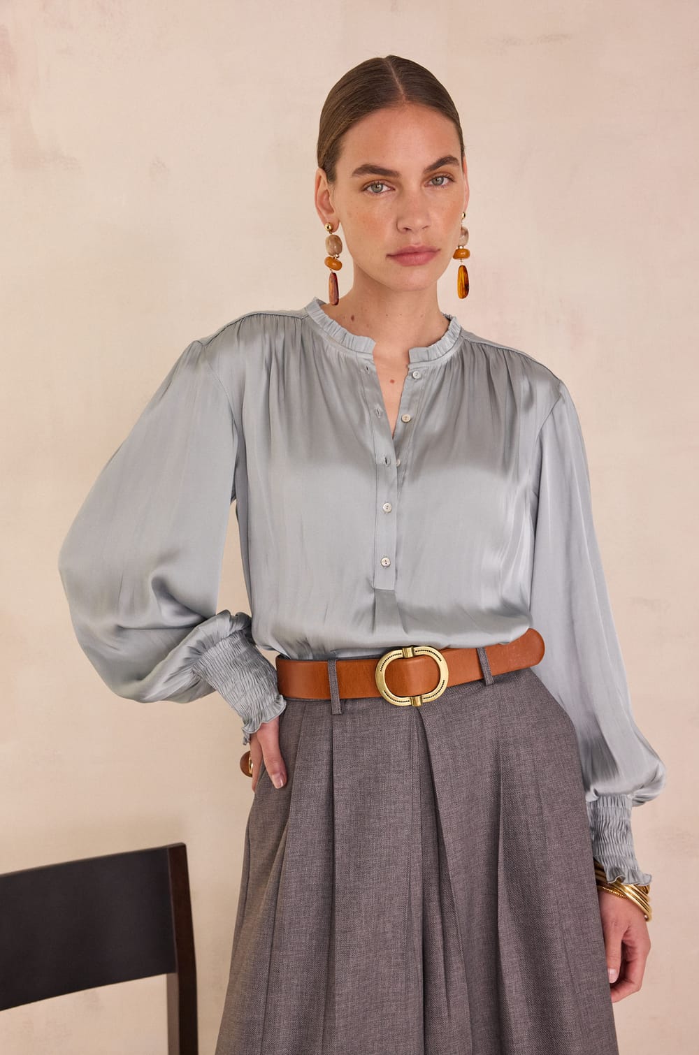 Satin blouse with puff sleeves DEESSE;${refinementColor}