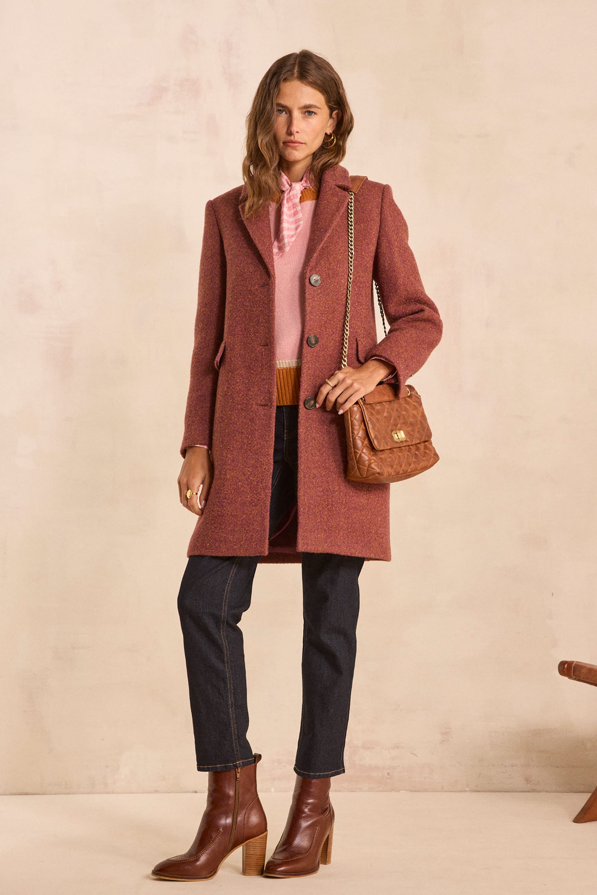 Anabelle long sleeve mixed wool coat woman | DARK PINK | Maison 123