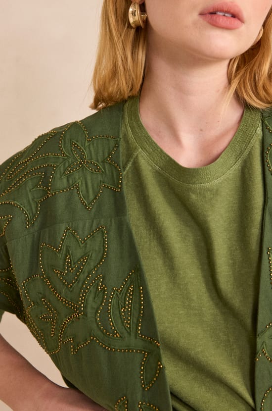 Embroidered 3/4 sleeve cotton jacket VOYAGE;${refinementColor}