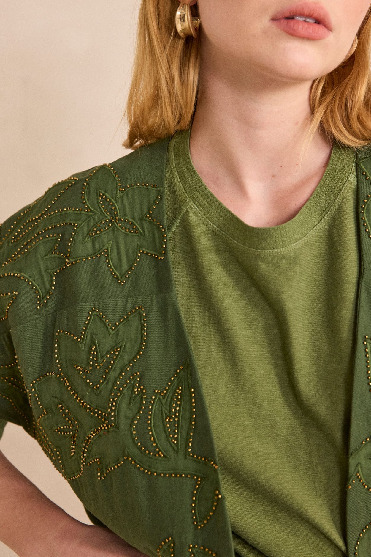 Embroidered 3/4 sleeve cotton jacket TRAVEL;${refinementColor}