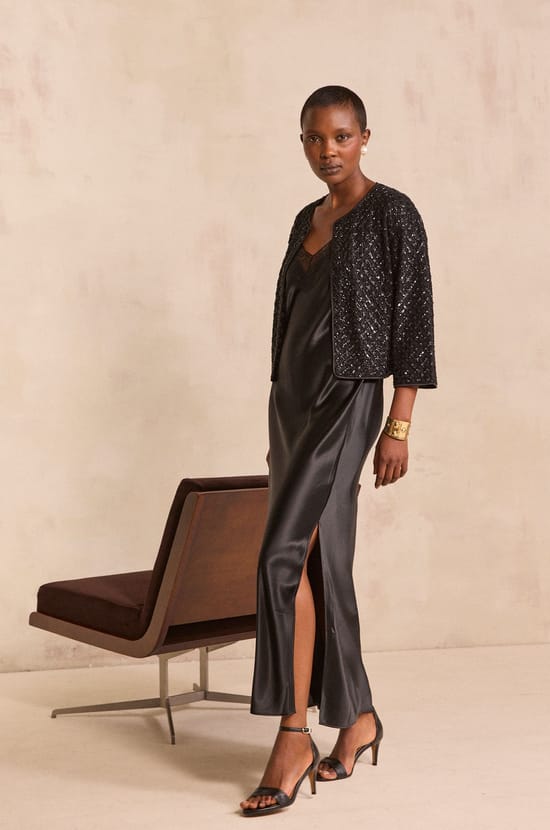Long satin dress with lace REFLET;${refinementColor}