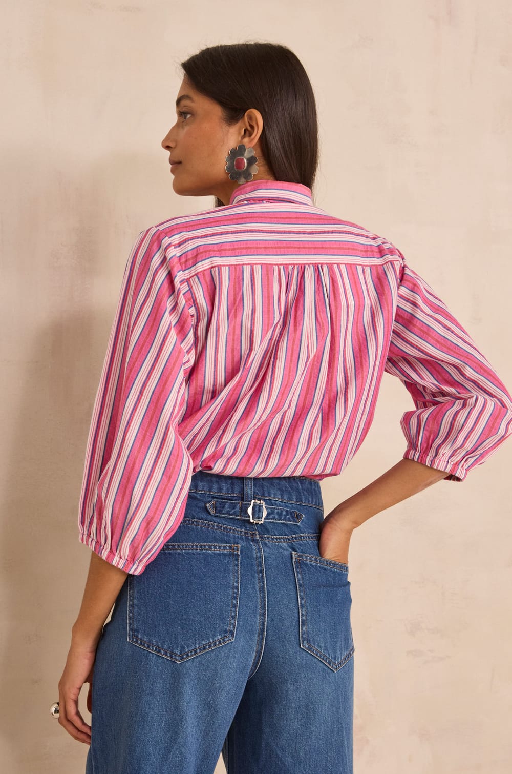 Striped blouse with a tie collar in cotton DOMITILLE;${refinementColor}
