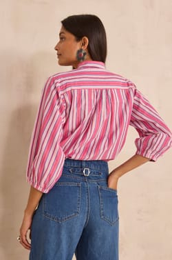 Striped blouse with a tie collar in cotton DOMITILLE;${refinementColor}