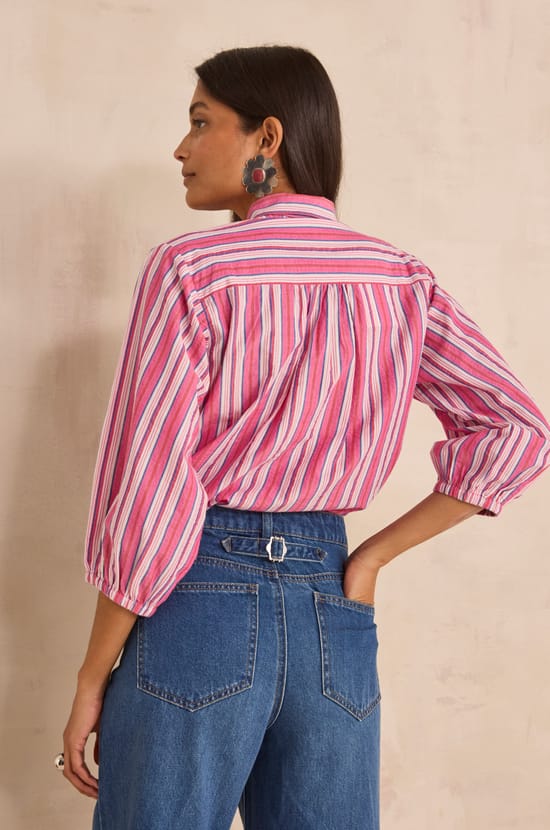 Striped blouse with a tie collar in cotton DOMITILLE;${refinementColor}