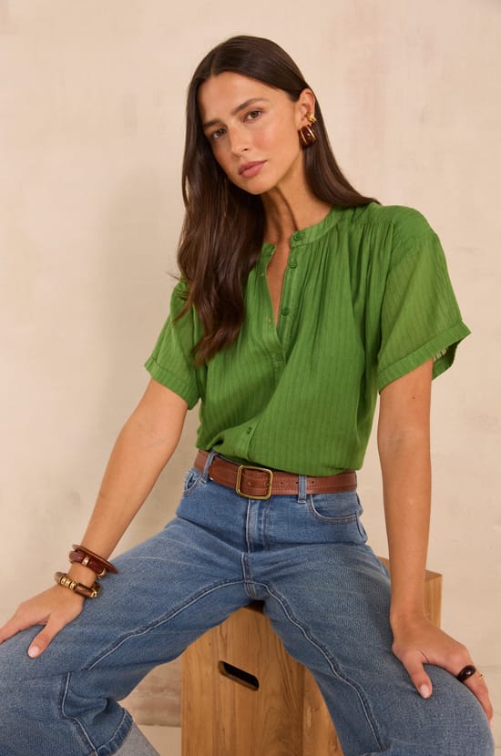 Short Sleeve Blouse in Mixed Cotton DEVIKA;${refinementColor}
