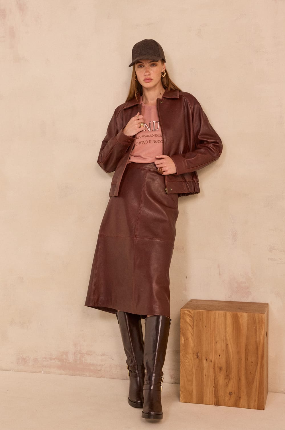 Barnabe long sleeve leather jacket;${refinementColor}