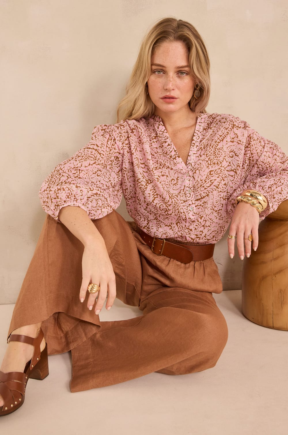 DEVONA long-sleeve printed cotton blouse;${refinementColor}