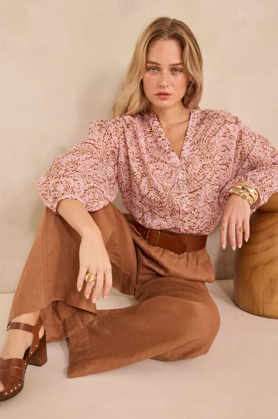 DEVONA long-sleeve printed cotton blouse;${refinementColor}