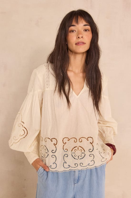 Embroidered cream cotton blouse MADELEINE;${refinementColor}
