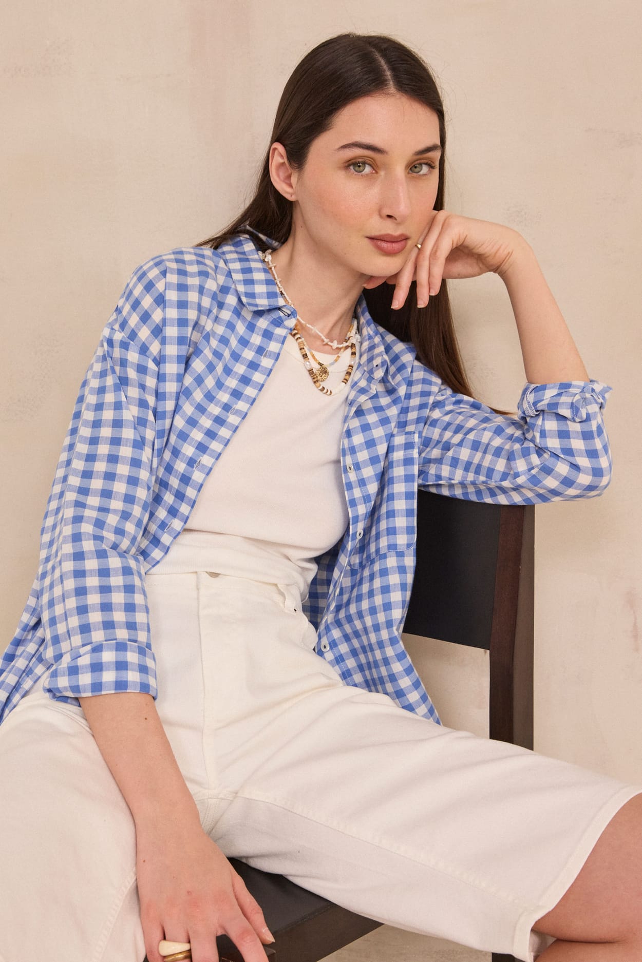 Long-sleeve cotton checkered shirt MARILOU;${refinementColor}