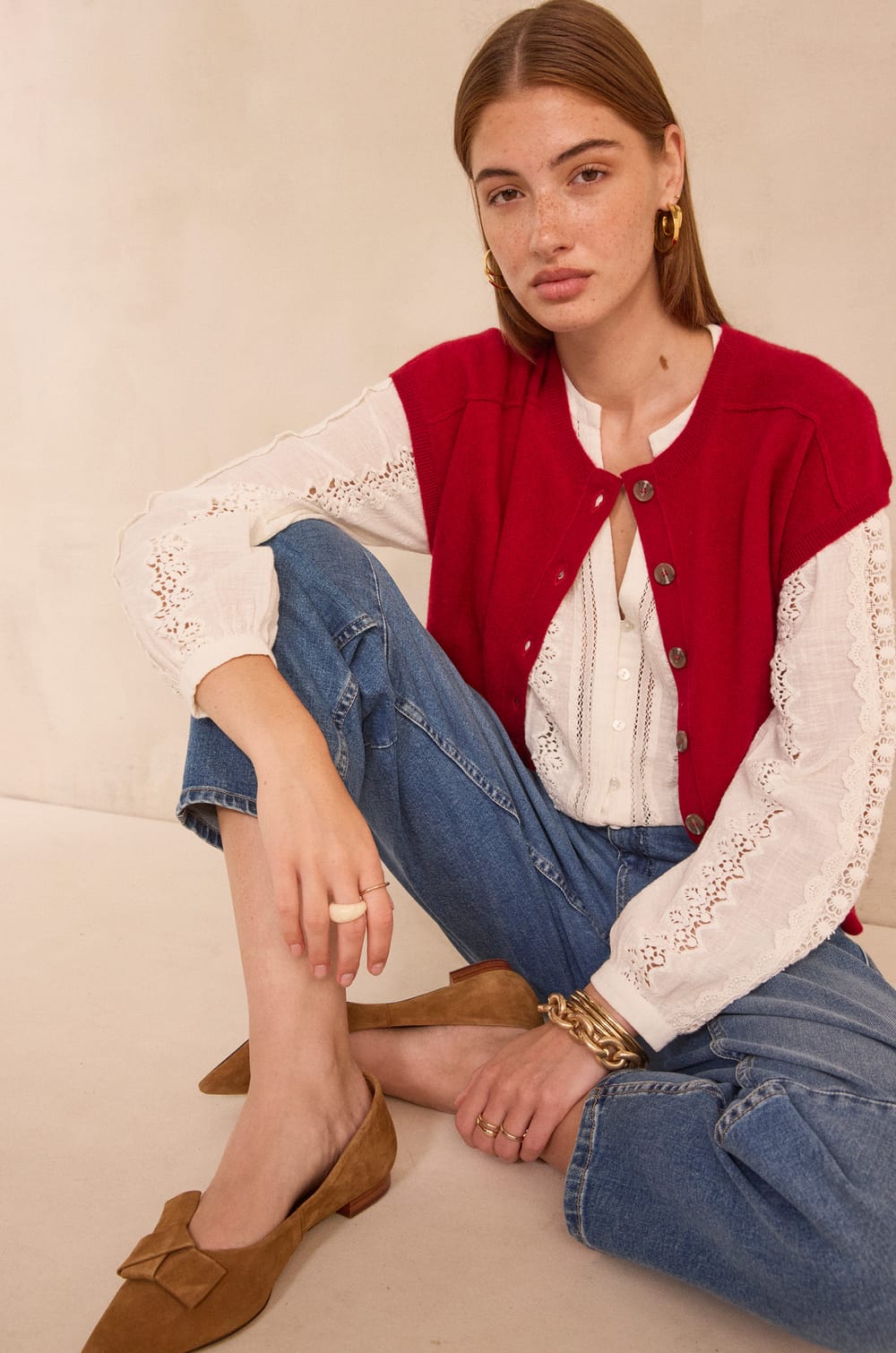 Embroidered long-sleeve cotton blouse MAGUY;${refinementColor}